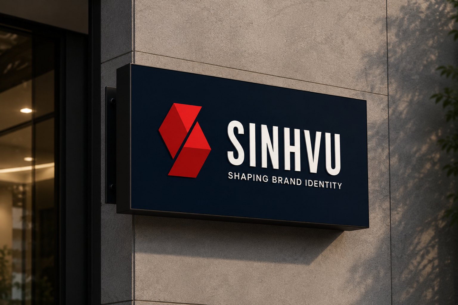 Biển hiệu Sinh Vũ với biểu tượng và dòng chữ Shaping Brand Identity