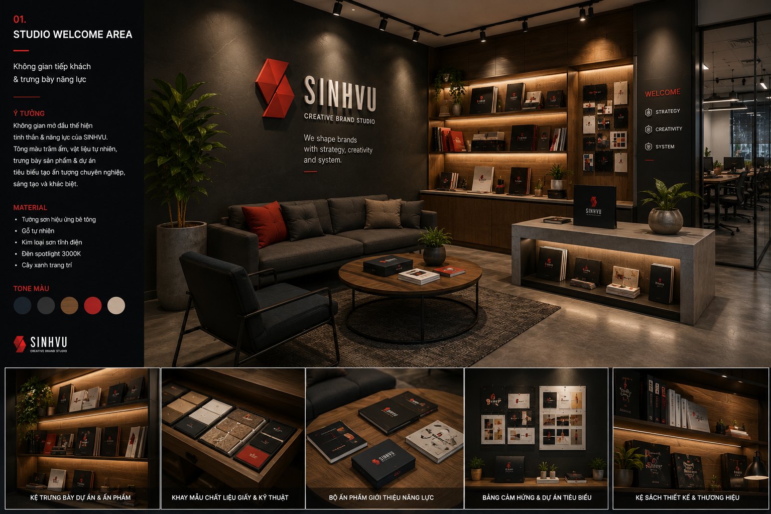 Không gian studio Sinh Vũ: khu tiếp đón với biểu tượng trên tường và tủ trưng bày